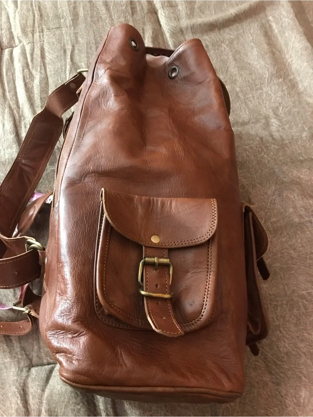 Classic Brown Leather Backpack with Front Buckle Pockets